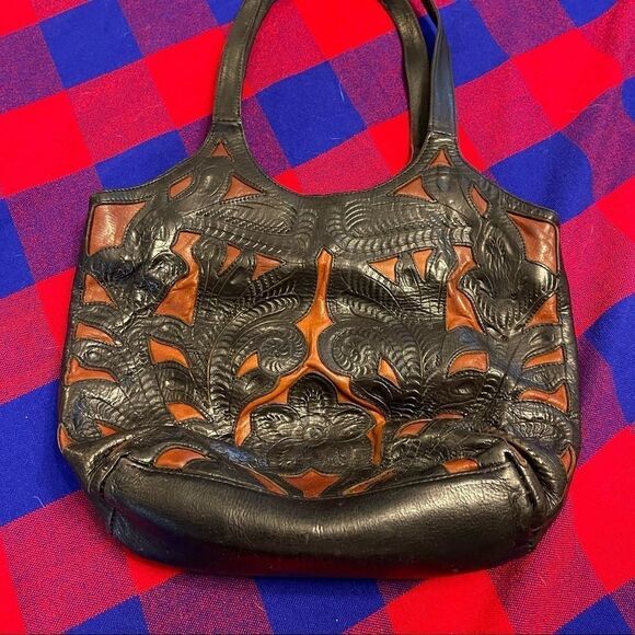 ALDO Black Brown Leather Embossed VTG Purse Handbag - Picture 10 of 14